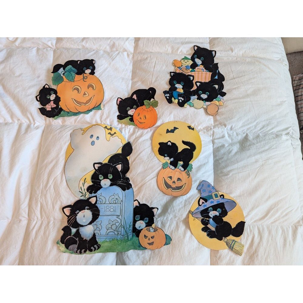6 Vintage Halloween Black Cat Pumpkin Flocked Die Cut Kitty‎ Decor Paper